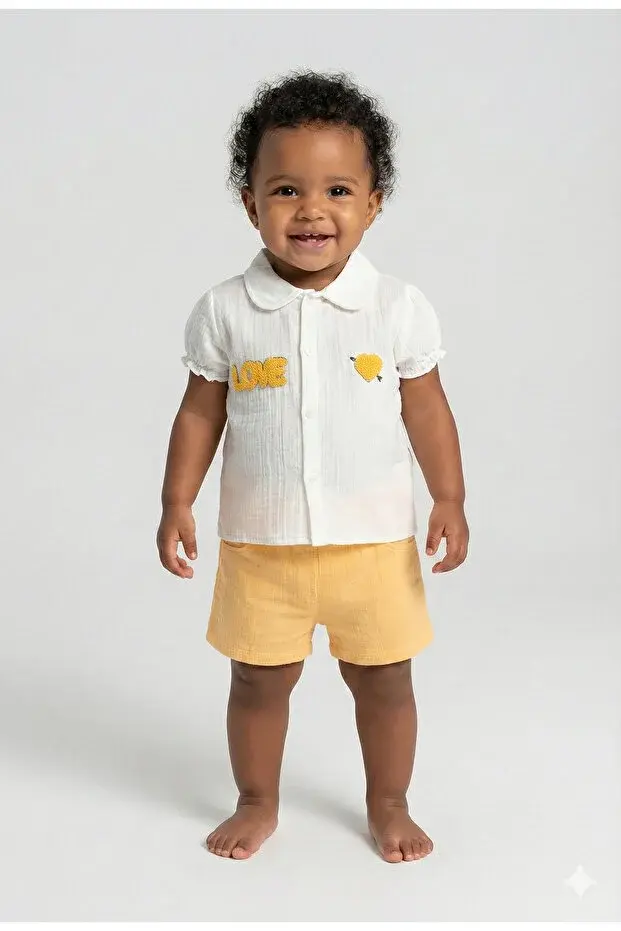 Süzene Nakışlı Müslin Şortlu Kız Bebek Takımı %100 Pamuk (9-12-18 Ay) Seri - 950-Turuncu