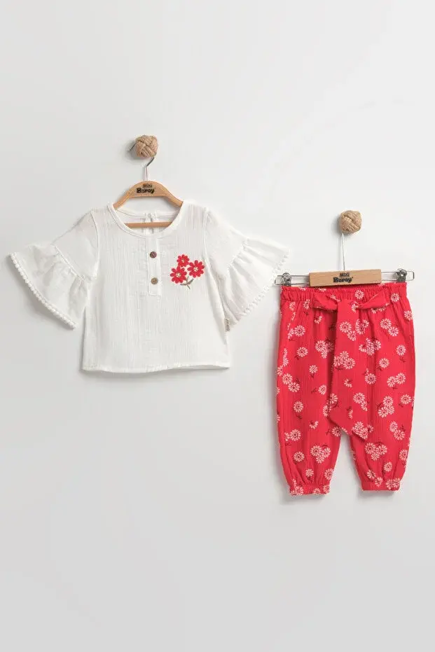 Çiçekli Müslin Pantolonlu Kız Kırmızı Bebek Takımı %100 Pamuk (9-12-18 Ay)- Kırmızı