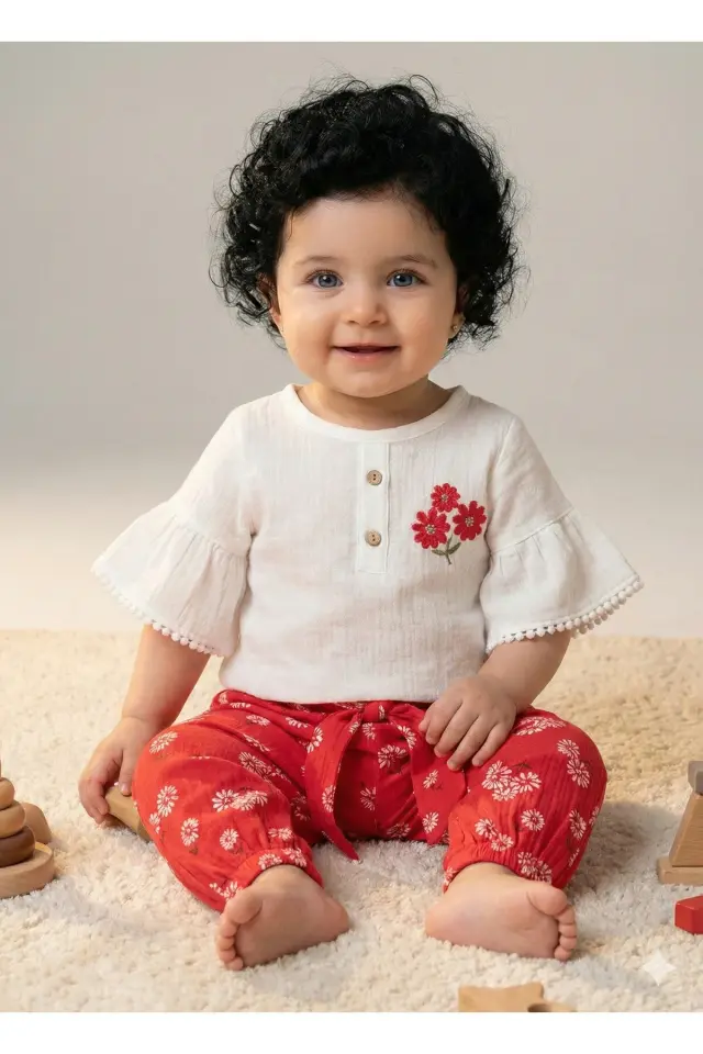 Çiçekli Müslin Pantolonlu Kız Kırmızı Bebek Takımı %100 Pamuk (9-12-18 Ay)- Kırmızı
