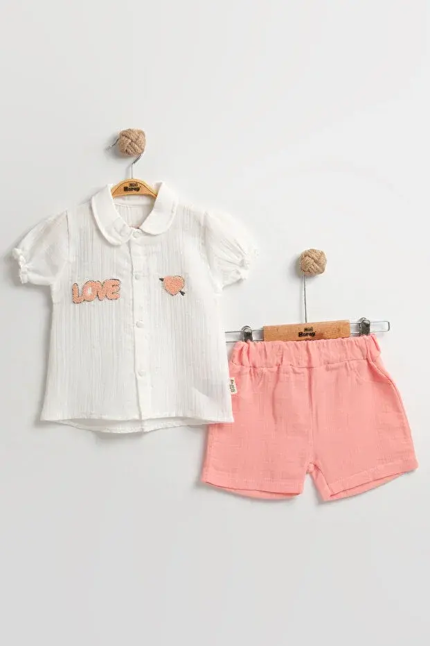Süzene Nakışlı Müslin Şortlu Kız Bebek Takımı %100 Pamuk (9-12-18 Ay) Seri - 950-Pembe