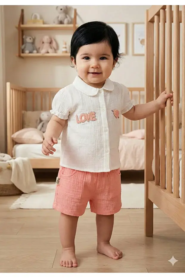 Süzene Nakışlı Müslin Şortlu Kız Bebek Takımı %100 Pamuk (9-12-18 Ay) Seri - 950-Pembe