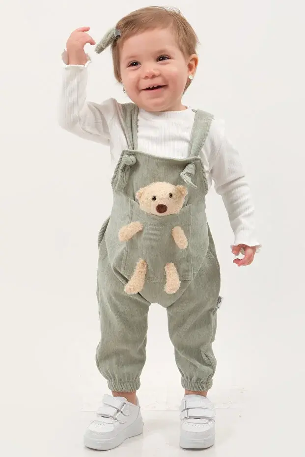 Yumuşak Kadife Oyuncaklı Bahçıvan Tulumu - Kız Bebek %100 Pamuk (9-12-18 Ay) -Yeşil