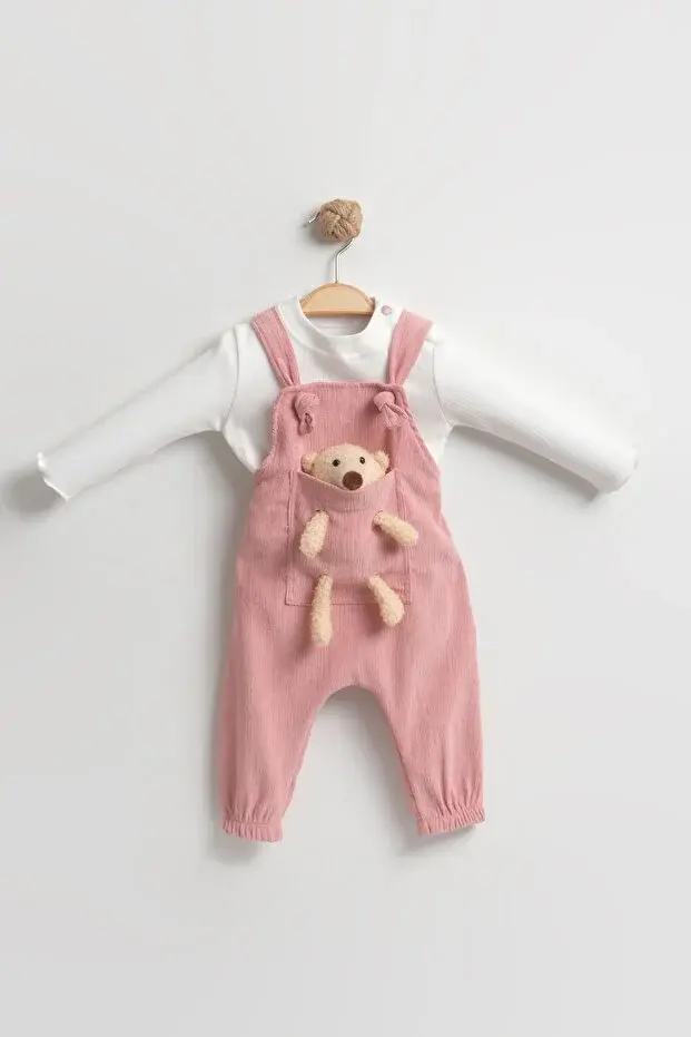 Yumuşak Kadife Oyuncaklı Bahçıvan Tulumu - Kız Bebek %100 Pamuk (9-12-18 Ay) -Pembe