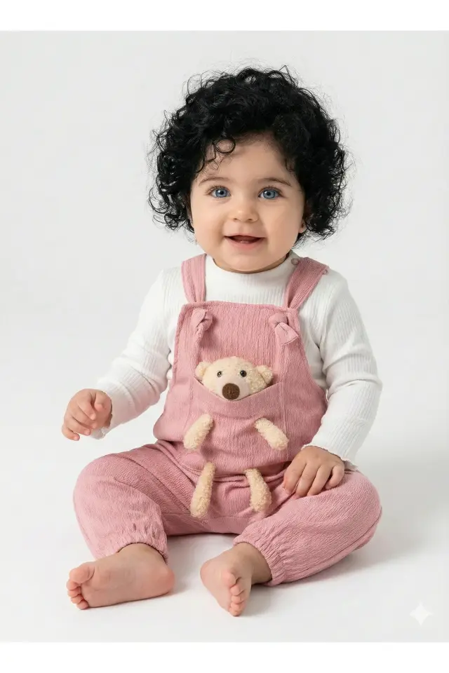 Yumuşak Kadife Oyuncaklı Bahçıvan Tulumu - Kız Bebek %100 Pamuk (9-12-18 Ay) -Pembe