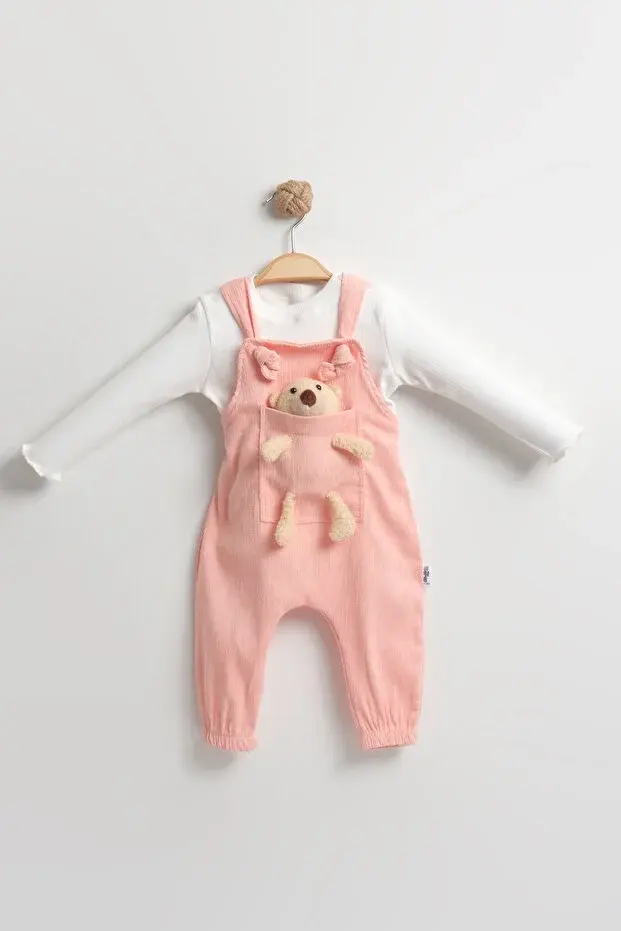 Yumuşak Kadife Oyuncaklı Bahçıvan Tulumu - Kız Bebek %100 Pamuk (9-12-18 Ay) -Yavru Ağzı