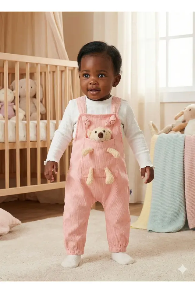 Yumuşak Kadife Oyuncaklı Bahçıvan Tulumu - Kız Bebek %100 Pamuk (9-12-18 Ay) -Yavru Ağzı