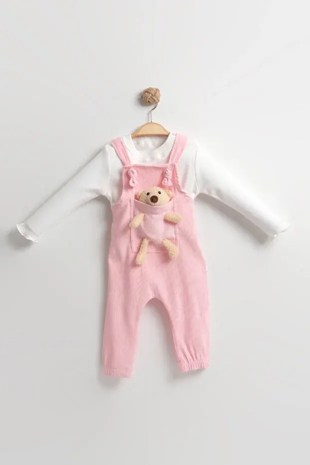 Yumuşak Kadife Oyuncaklı Bahçıvan Tulumu - Kız Bebek %100 Pamuk (9-12-18 Ay) -Açık Pembe