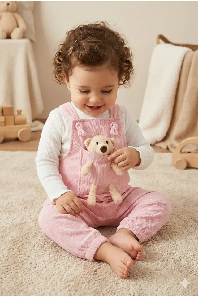 Yumuşak Kadife Oyuncaklı Bahçıvan Tulumu - Kız Bebek %100 Pamuk (9-12-18 Ay) -Açık Pembe