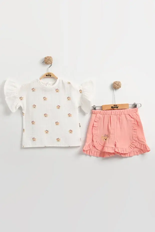 Ayıcıklı Müslin Kız Bebek Şortlu Takımı Seti %100 Pamuk 9-12-18 Ay 2-3-4-5 Yaş Seri - 938-Pembe