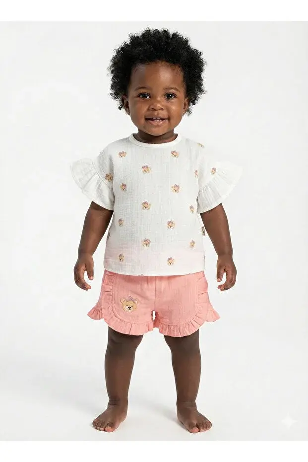 Ayıcıklı Müslin Kız Bebek Şortlu Takımı Seti %100 Pamuk 9-12-18 Ay 2-3-4-5 Yaş Seri - 938-Pembe