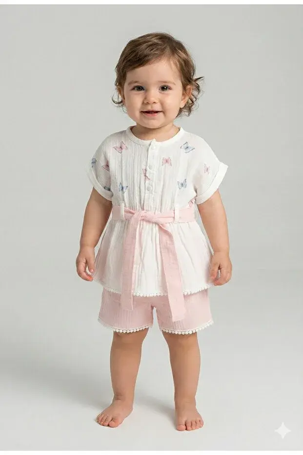 Organik Pamuk Kelebekli Kız Şortlu Takımı (9-12-18 Ay) - Nefes Alabilir Yazlık Bebek Kıyafeti Seri - 935-Açık Pembe