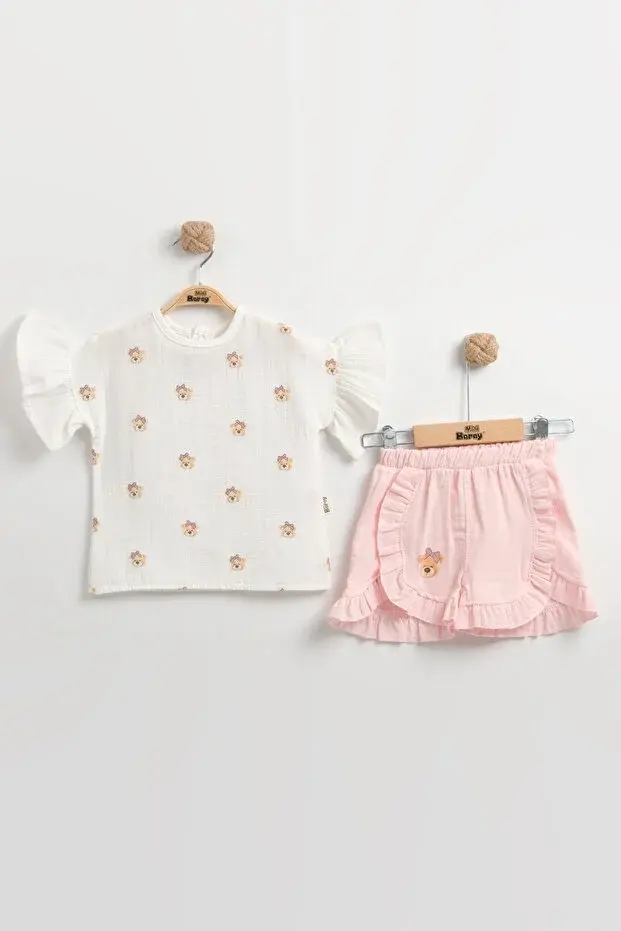 Ayıcıklı Müslin Kız Bebek Şortlu Takımı Seti %100 Pamuk 9-12-18 Ay 2-3-4-5 Yaş Seri - 938-Açık Pembe