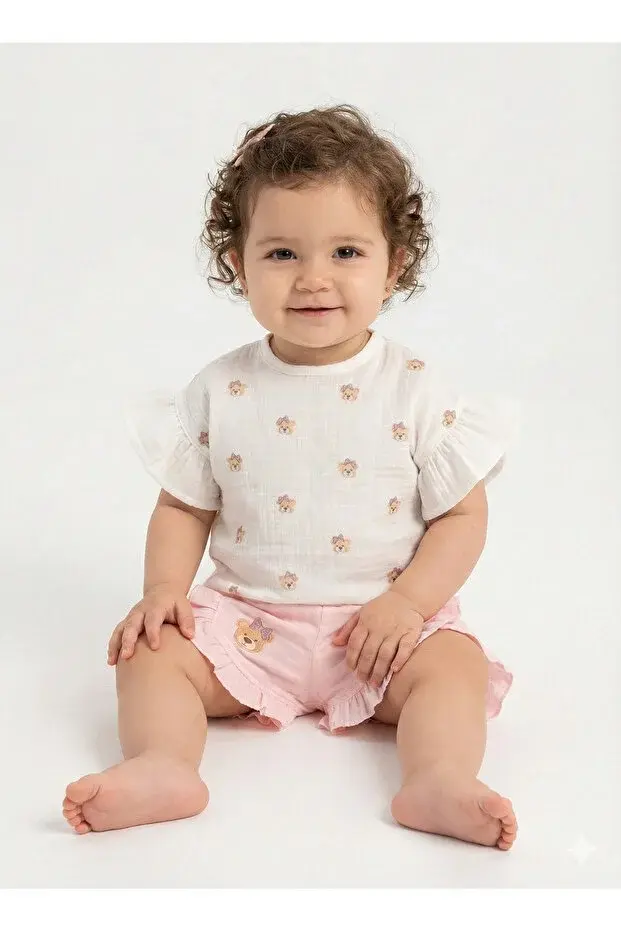 Ayıcıklı Müslin Kız Bebek Şortlu Takımı Seti %100 Pamuk 9-12-18 Ay 2-3-4-5 Yaş Seri - 938-Açık Pembe