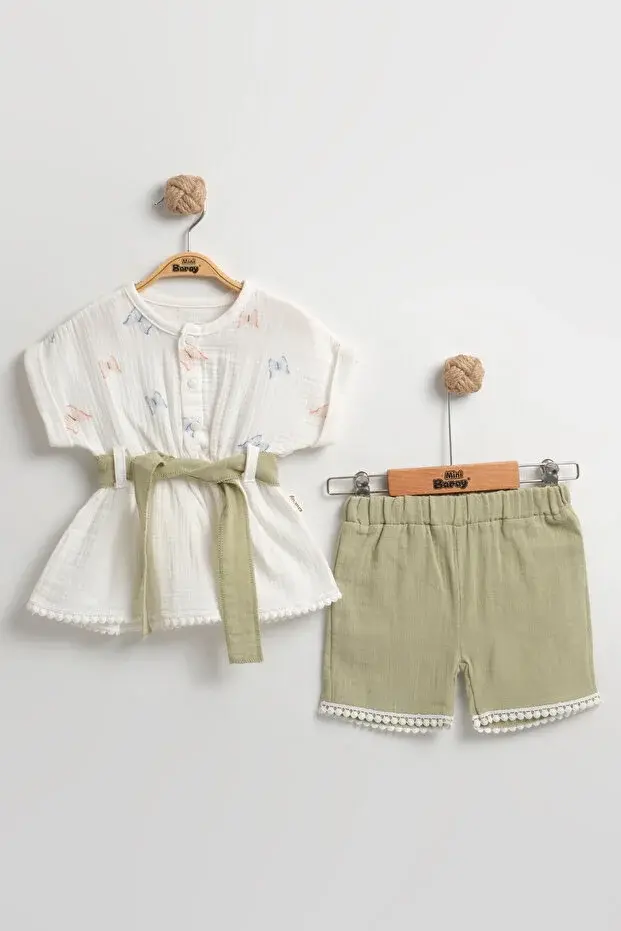 Organik Pamuk Kelebekli Kız Şortlu Takımı (9-12-18 Ay) - Nefes Alabilir Yazlık Bebek Kıyafeti Seri -935-Yeşil