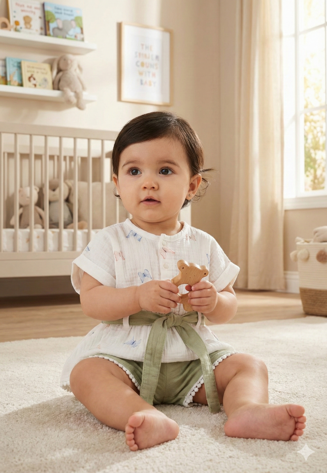 Organik Pamuk Kelebekli Kız Şortlu Takımı (9-12-18 Ay) - Nefes Alabilir Yazlık Bebek Kıyafeti Seri -935-Yeşil