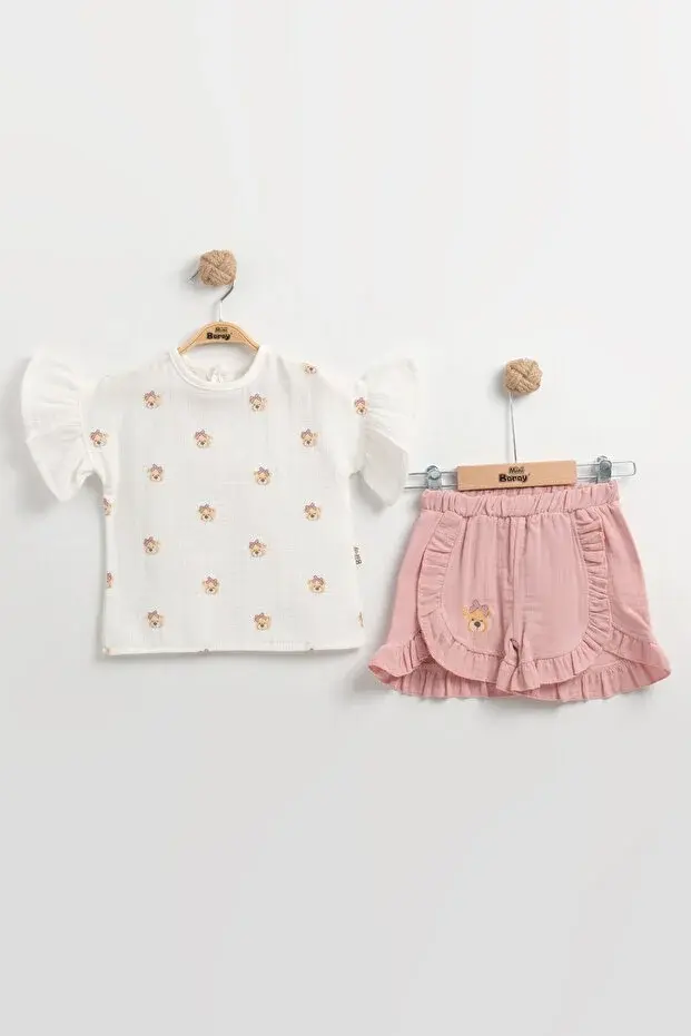 Ayıcıklı Müslin Kız Bebek Şortlu Takımı Seti %100 Pamuk 9-12-18 Ay 2-3-4-5 Yaş Seri - 938-Gül Kurusu
