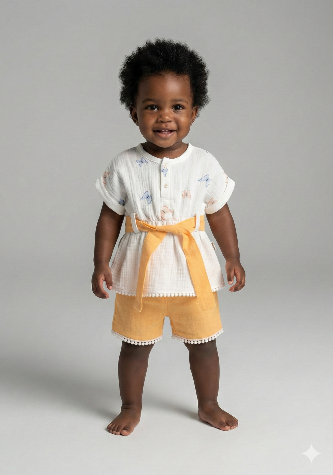 Organik Pamuk Kelebekli Kız Şortlu Takımı (9-12-18 Ay) - Nefes Alabilir Yazlık Bebek Kıyafeti Seri - 935-Turuncu