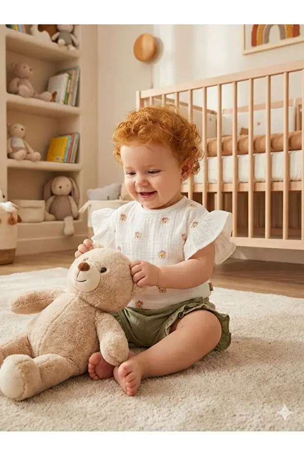 Ayıcıklı Müslin Kız Bebek Şortlu Takımı Seti %100 Pamuk 9-12-18 Ay 2-3-4-5 Yaş Seri - 938-Yeşil