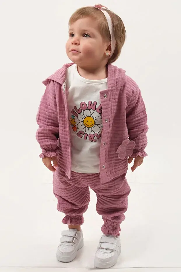 Pastel Renkli Müslin 3'lü Bebek Takımı (9-12-18 Ay) %100 Pamuklu Hırkalı Kız Bebek Seti Seri - 1013-Mürdüm