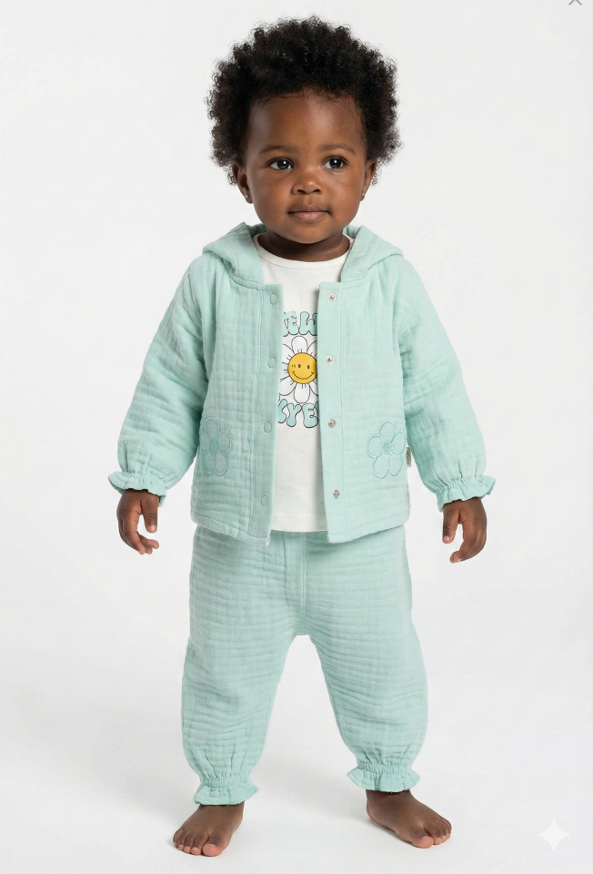 Pastel Renkli Müslin 3'lü Bebek Takımı (9-12-18 Ay) %100 Pamuklu Hırkalı Kız Bebek Seti Seri - 1013-Bebe Mavisi