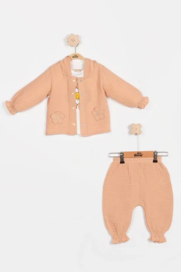 Pastel Renkli Müslin 3'lü Bebek Takımı (9-12-18 Ay) %100 Pamuklu Hırkalı Kız Bebek Seti Seri - 1013-Bej