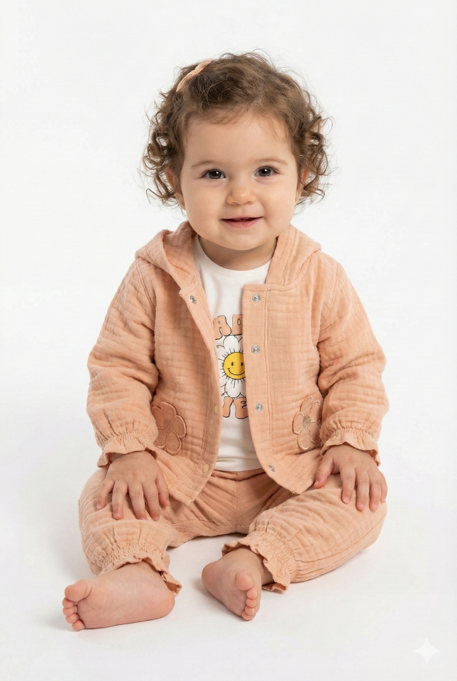 Pastel Renkli Müslin 3'lü Bebek Takımı (9-12-18 Ay) %100 Pamuklu Hırkalı Kız Bebek Seti Seri - 1013-Bej