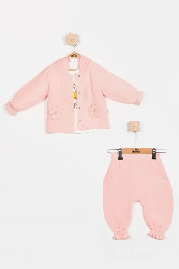 Pastel Renkli Müslin 3'lü Bebek Takımı (9-12-18 Ay) %100 Pamuklu Hırkalı Kız Bebek Seti Seri - 1013-Pembe