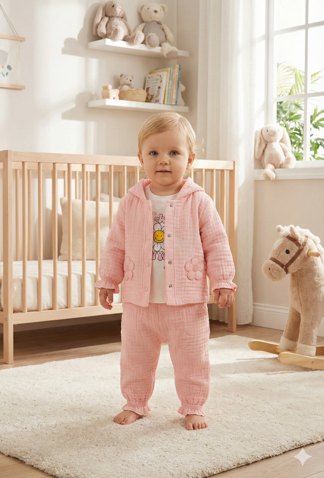 Pastel Renkli Müslin 3'lü Bebek Takımı (9-12-18 Ay) %100 Pamuklu Hırkalı Kız Bebek Seti Seri - 1013-Pembe