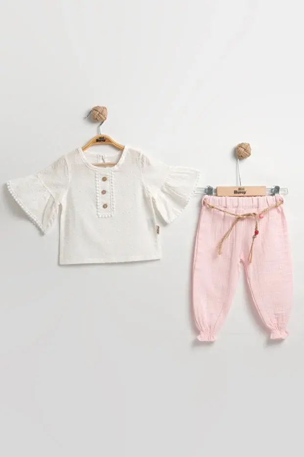 Müslin Pantolonlu Kız Takımı Seti (9-12-18 Ay) %100 Pamuk - Rahat Hareket Kolaylığı Seri - 749-Açık Pembe