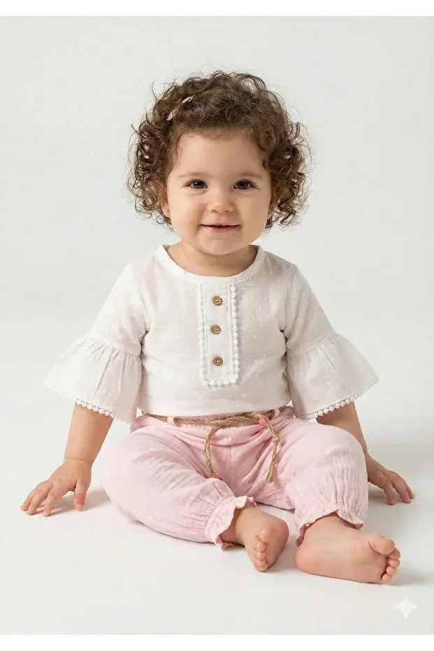 Müslin Pantolonlu Kız Takımı Seti (9-12-18 Ay) %100 Pamuk - Rahat Hareket Kolaylığı Seri - 749-Açık Pembe