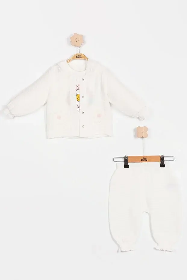 Pastel Renkli Müslin 3'lü Bebek Takımı (9-12-18 Ay) %100 Pamuklu Hırkalı Kız Bebek Seti Seri - 1013-Beyaz