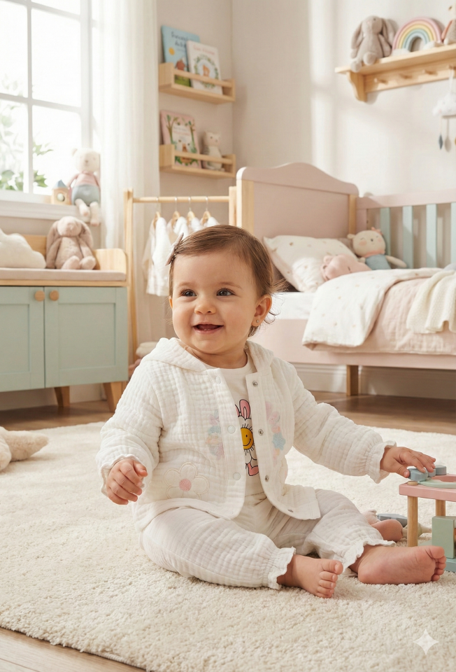 Pastel Renkli Müslin 3'lü Bebek Takımı (9-12-18 Ay) %100 Pamuklu Hırkalı Kız Bebek Seti Seri - 1013-Beyaz