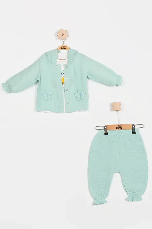 Pastel Renkli Müslin 3'lü Bebek Takımı (9-12-18 Ay) %100 Pamuklu Hırkalı Kız Bebek Seti Seri - 1013-Mavi