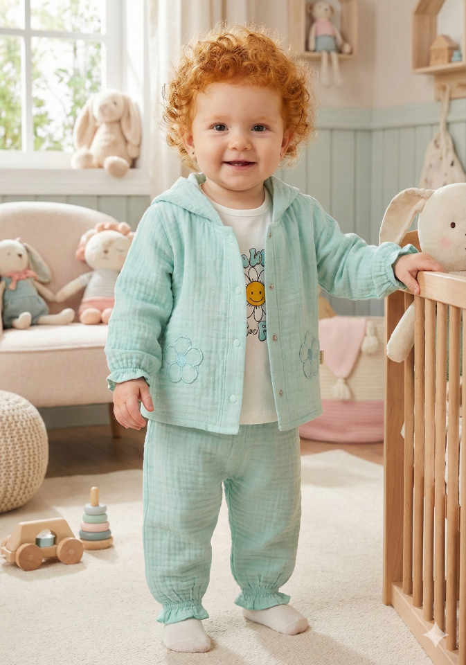 Pastel Renkli Müslin 3'lü Bebek Takımı (9-12-18 Ay) %100 Pamuklu Hırkalı Kız Bebek Seti Seri - 1013-Mavi