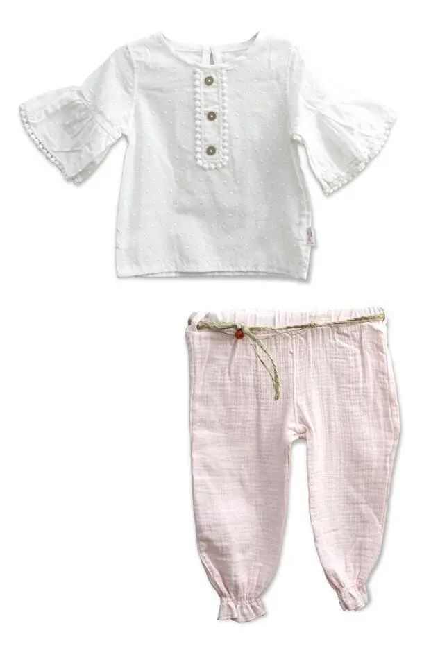 Müslin Pantolonlu Kız Takımı Seti (9-12-18 Ay) %100 Pamuk - Rahat Hareket Kolaylığı Seri - 749-Pembe