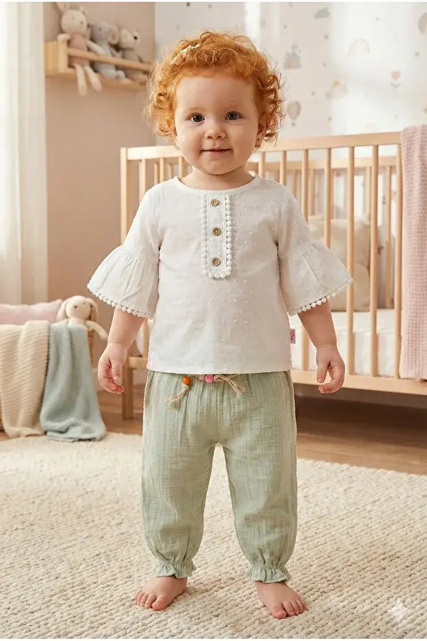 Müslin Pantolonlu Kız Takımı Seti (9-12-18 Ay) %100 Pamuk - Rahat Hareket Kolaylığı Seri - 749-Yeşil