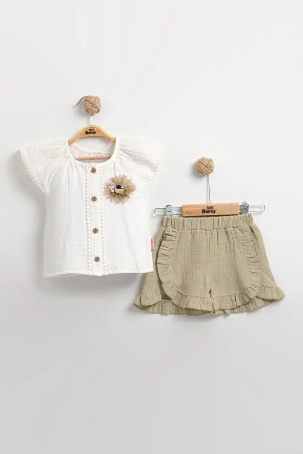 Müslin Kız Bebek Şortlu Yeşil Gömlek Seti 2'li Takım (9-12-18 AY) Seri - 748-Yeşil