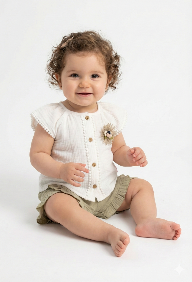 Müslin Kız Bebek Şortlu Yeşil Gömlek Seti 2'li Takım (9-12-18 AY) Seri - 748-Yeşil