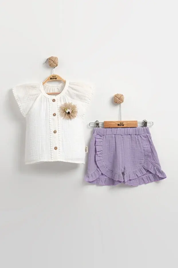 Müslin Kız Bebek Şortlu Mor Gömlek Seti 2'li Takım (9-12-18 AY) Seri - 748-Mor