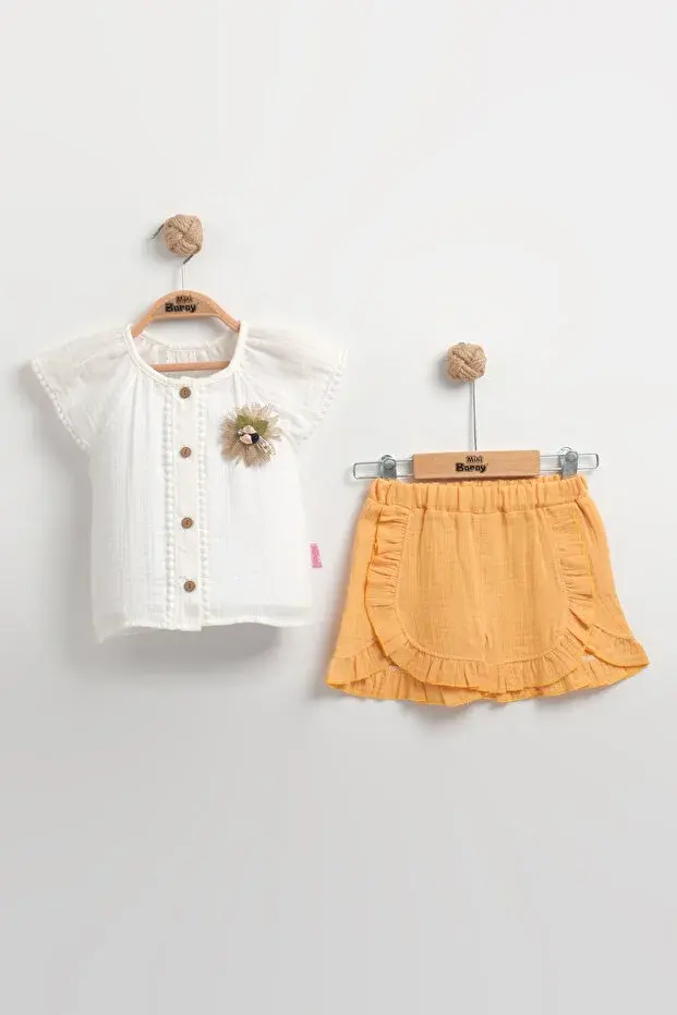 Müslin Kız Bebek Şortlu Turuncu Gömlek Seti 2'li Takım (9-12-18 AY) Seri - 748-Turuncu