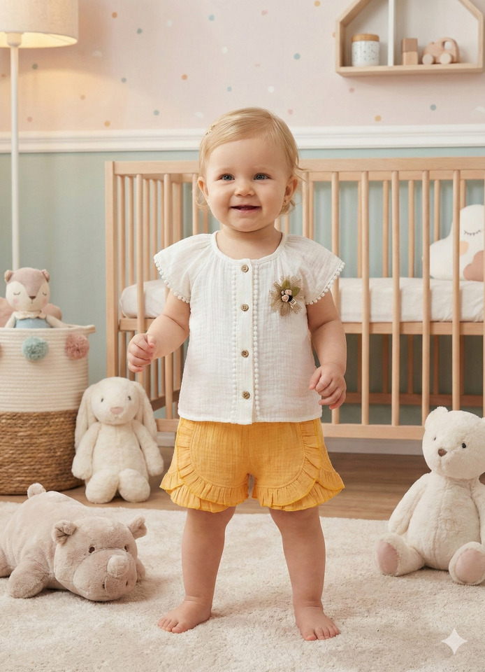 Müslin Kız Bebek Şortlu Turuncu Gömlek Seti 2'li Takım (9-12-18 AY) Seri - 748-Turuncu