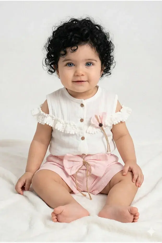 Fırfır Detaylı Müslin Şortlu Kız Takımı - %100 Pamuk Nefes Alabilir - (9-12-18 Ay) Seri - 746-Çok Renkli