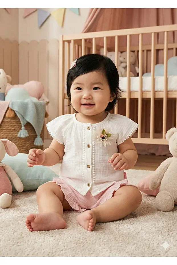 Müslin Kız Bebek Şortlu Çok Renkli Gömlek Seti 2'li Takım (9-12-18 AY) Seri - 748-Çok Renkli