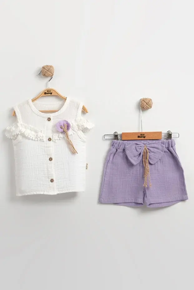 Fırfır Detaylı Müslin Şortlu Kız Takımı - %100 Pamuk Nefes Alabilir - (9-12-18 Ay) Seri - 746-Mor