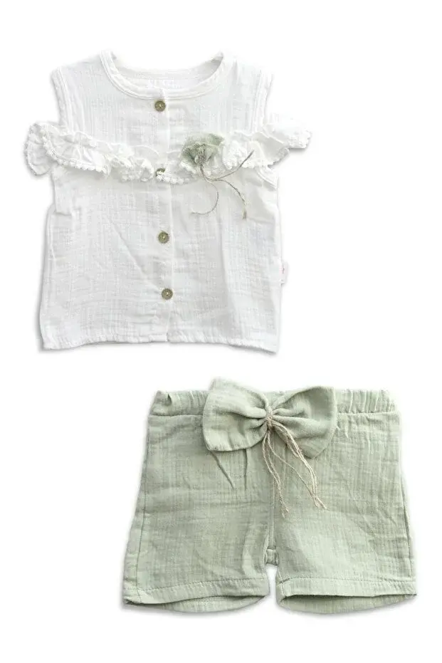 Fırfır Detaylı Müslin Şortlu Kız Takımı - %100 Pamuk Nefes Alabilir - (9-12-18 Ay) Seri - 746-Yeşil