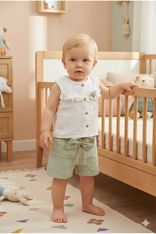 Fırfır Detaylı Müslin Şortlu Kız Takımı - %100 Pamuk Nefes Alabilir - (9-12-18 Ay) Seri - 746-Yeşil