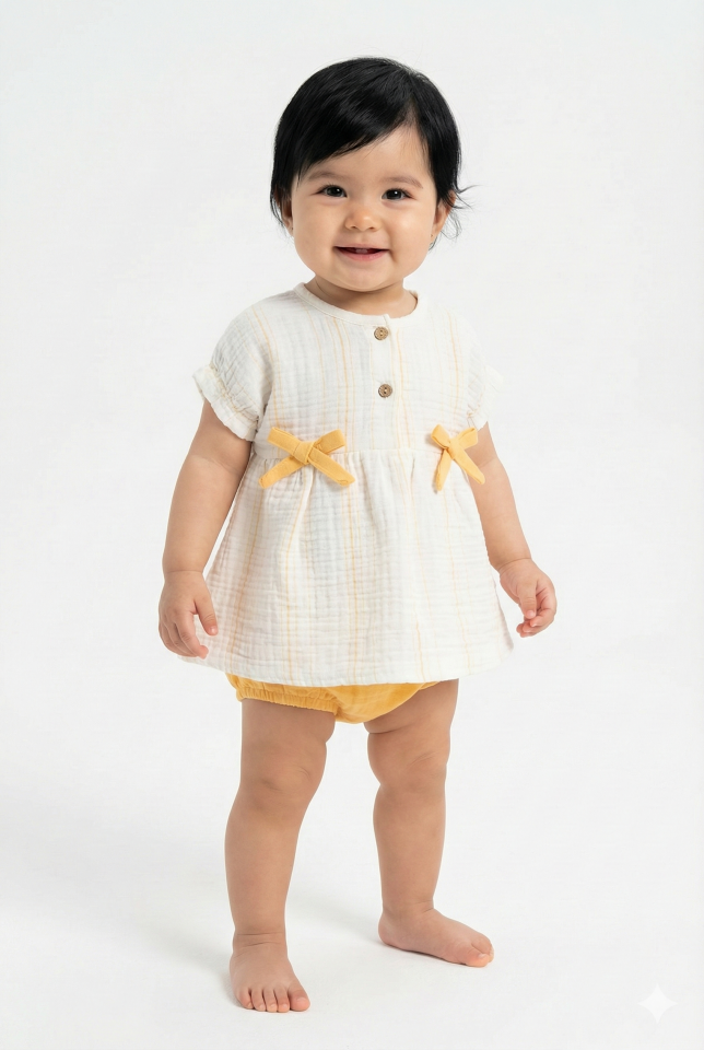 Müslin Külot Şortlu Yazlık Kız Bebek Takımı (9-12-18 Ay) %100 Pamuk Nefes Alabilir Seri - 1006-Sarı