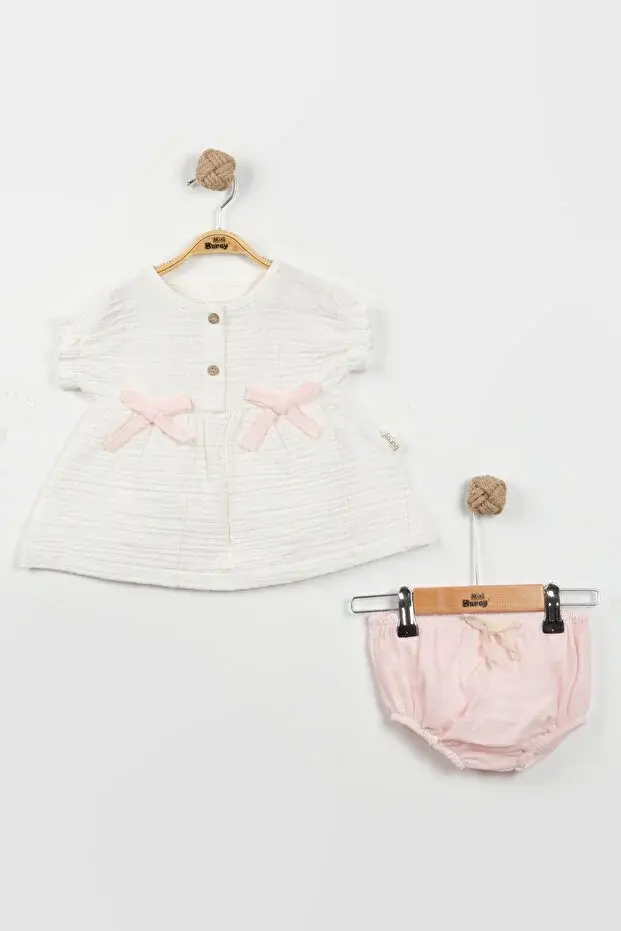 Müslin Külot Şortlu Yazlık Kız Bebek Takımı (9-12-18 Ay) %100 Pamuk Nefes Alabilir Seri - 1006-Pembe