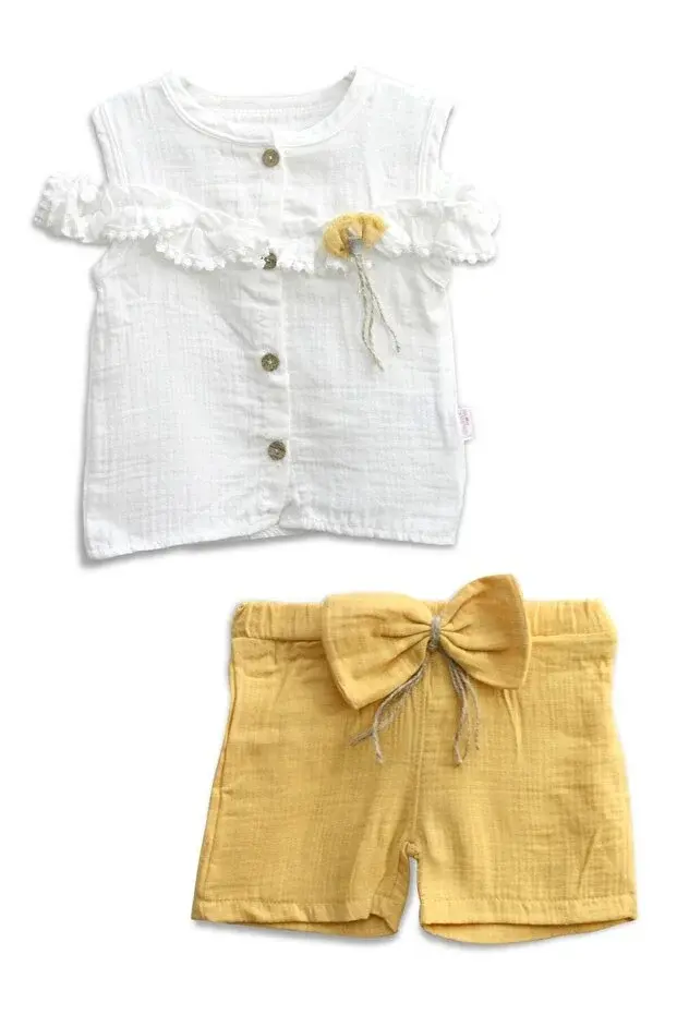 Fırfır Detaylı Müslin Şortlu Kız Takımı - %100 Pamuk Nefes Alabilir - (9-12-18 Ay) Seri - 746-Sarı