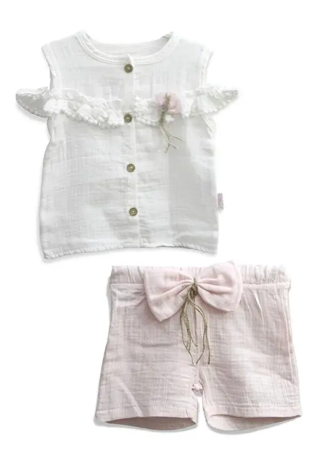 Fırfır Detaylı Müslin Şortlu Kız Takımı - %100 Pamuk Nefes Alabilir - (9-12-18 Ay) Seri - 746-Pembe